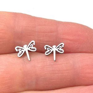 Silver Stainless steel minimalist Dragonfly   post stud Earrings / PM1